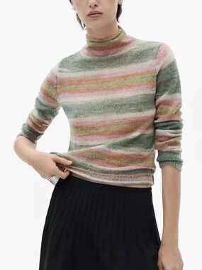 NWT MANGO Striped Mock Neck Sweater in Pastel Green and Pink